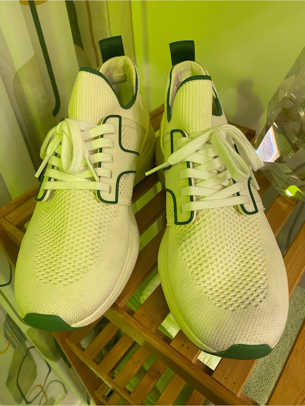 Tory Burch White Knit Sneakers with Green Accents